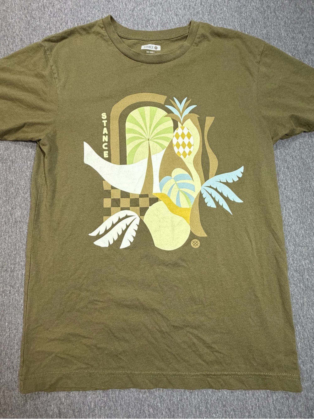 Stance Olive Green Short Sleeve Tee with Multicolor Tropical Graphic Mens Small